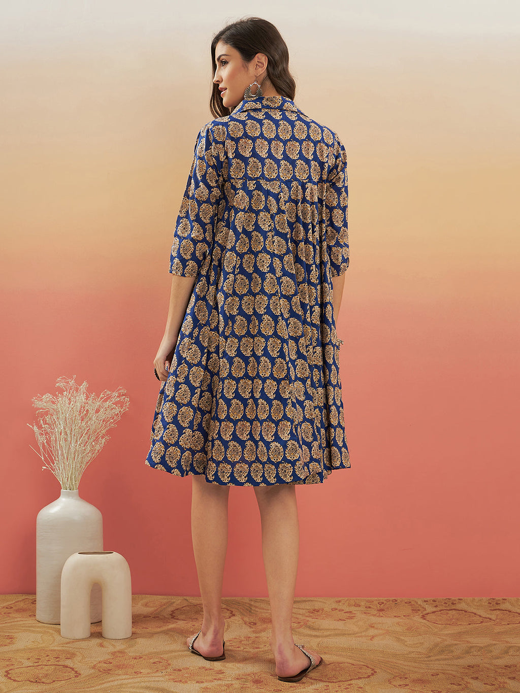 InWeave Women's Ink Blue Small Paisley Kalamkari Flared Dress | Grocsy
