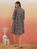 InWeave Women's Ink Blue Small Paisley Kalamkari Flared Dress | Grocsy