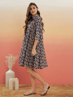 InWeave Women's Ink Blue Small Paisley Kalamkari Flared Dress | Grocsy
