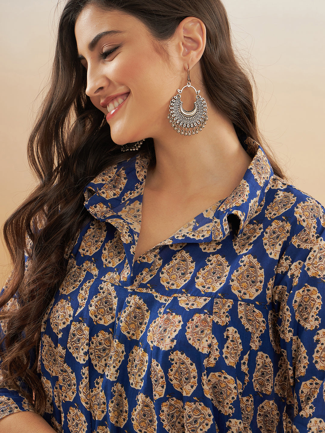 InWeave Women's Ink Blue Small Paisley Kalamkari Flared Dress | Grocsy