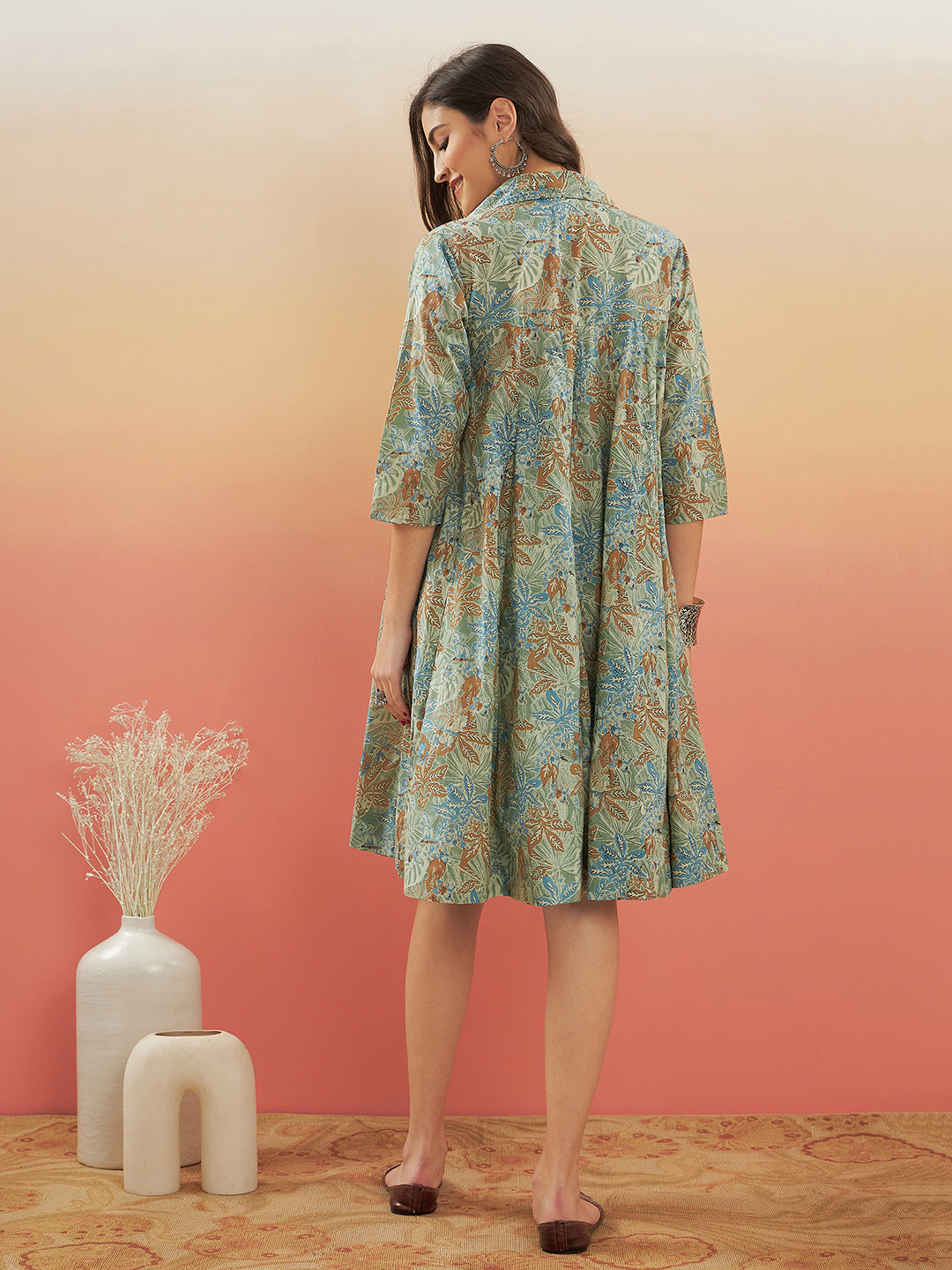 InWeave Women's Dull Green Leaf Floral Print Flared Dress | Grocsy