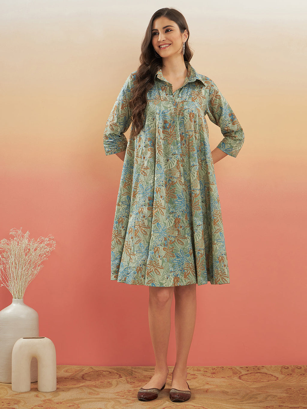 InWeave Women's Dull Green Leaf Floral Print Flared Dress | Grocsy
