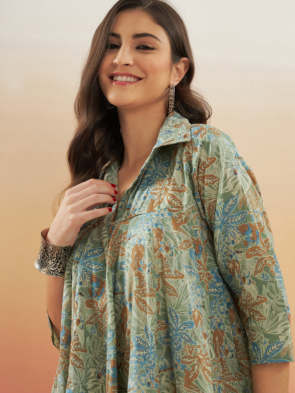 InWeave Women's Dull Green Leaf Floral Print Flared Dress | Grocsy
