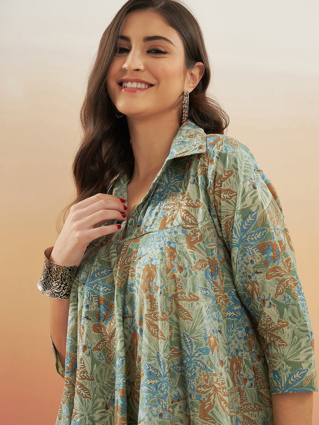InWeave Women's Dull Green Leaf Floral Print Flared Dress | Grocsy