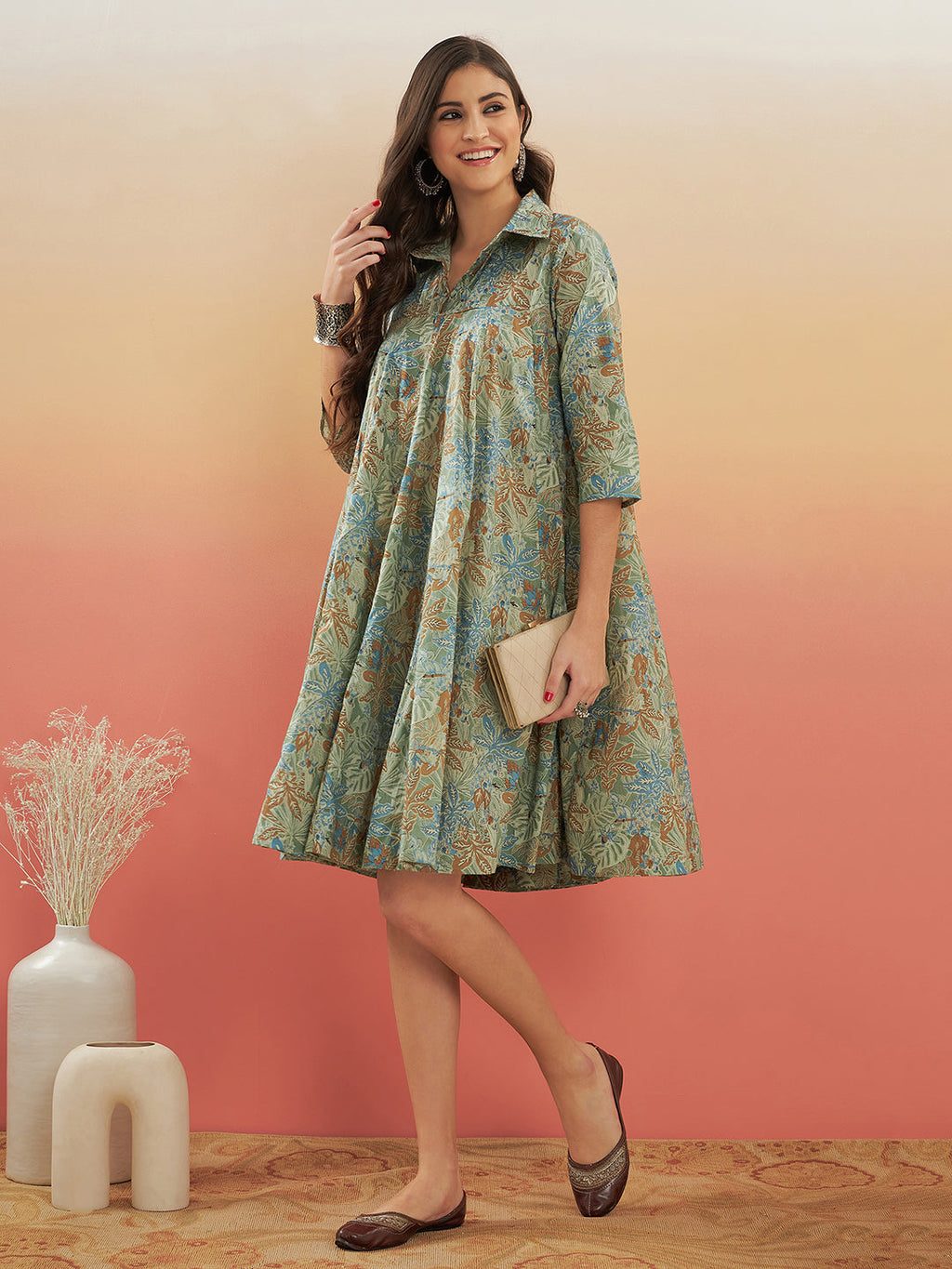 InWeave Women's Dull Green Leaf Floral Print Flared Dress | Grocsy