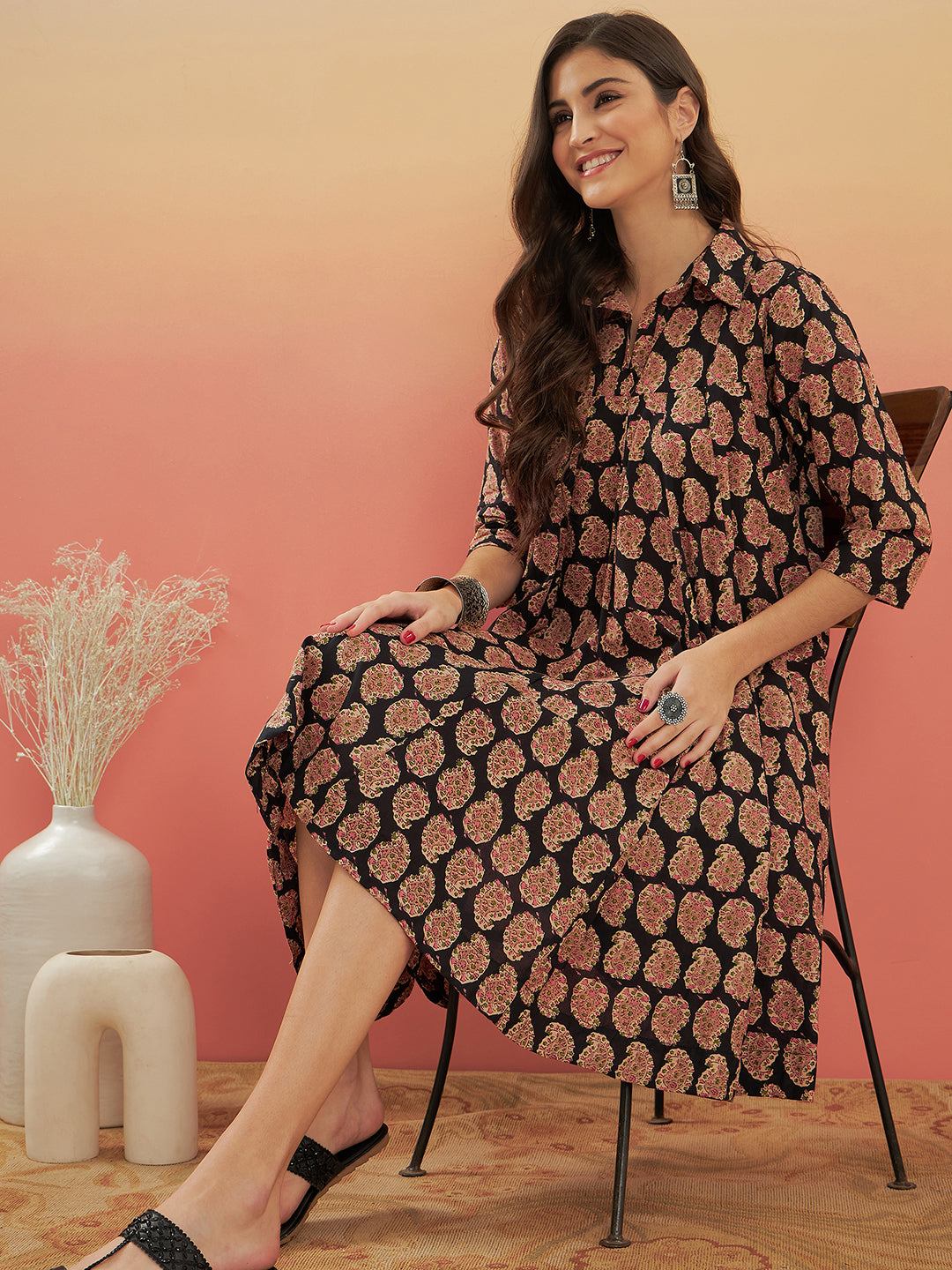 InWeave Women's Black Small Paisley Kalamkari Flared Dress | Grocsy