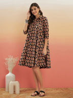 InWeave Women's Black Small Paisley Kalamkari Flared Dress | Grocsy