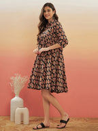 InWeave Women's Black Small Paisley Kalamkari Flared Dress | Grocsy