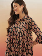 InWeave Women's Black Small Paisley Kalamkari Flared Dress | Grocsy