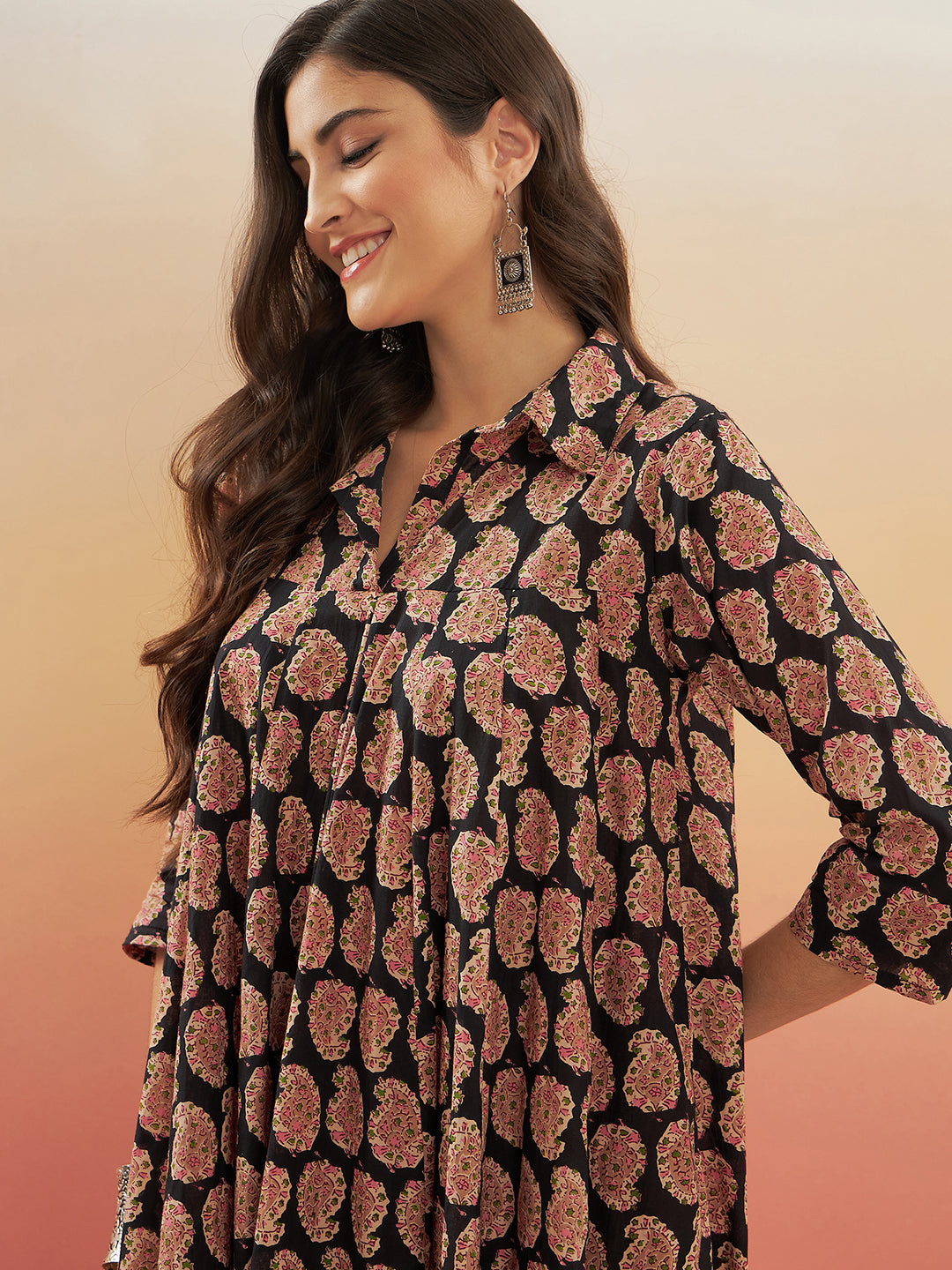 InWeave Women's Black Small Paisley Kalamkari Flared Dress | Grocsy
