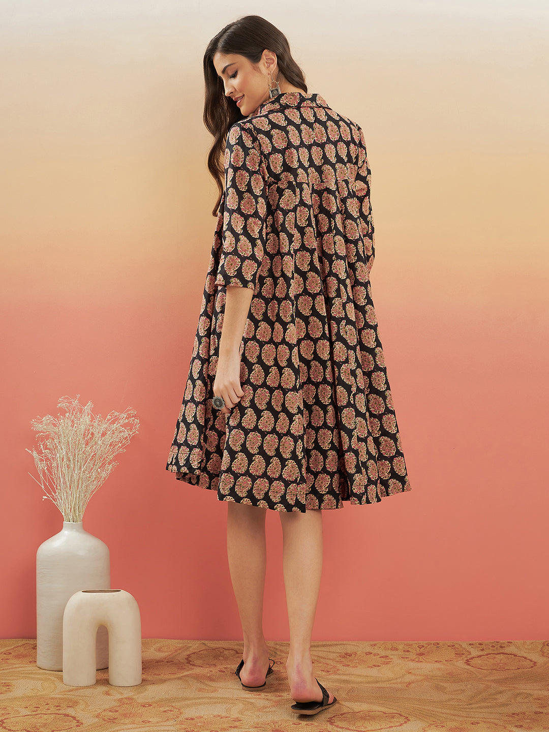 InWeave Women's Black Small Paisley Kalamkari Flared Dress | Grocsy
