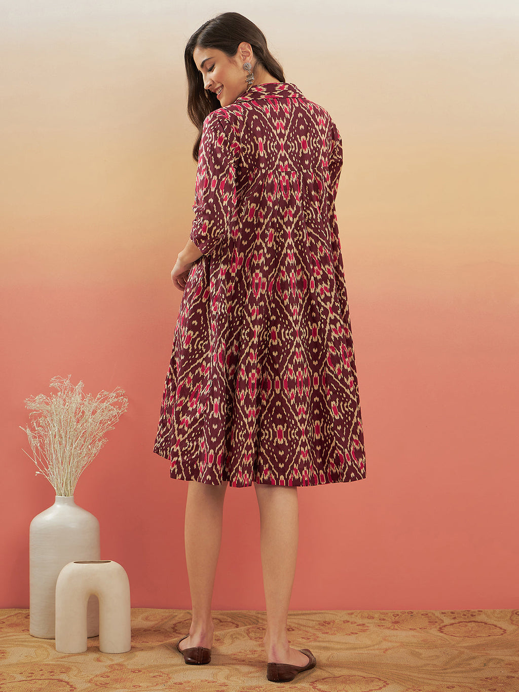 InWeave Women's Wine Ikkat Print Flared Dress | Grocsy