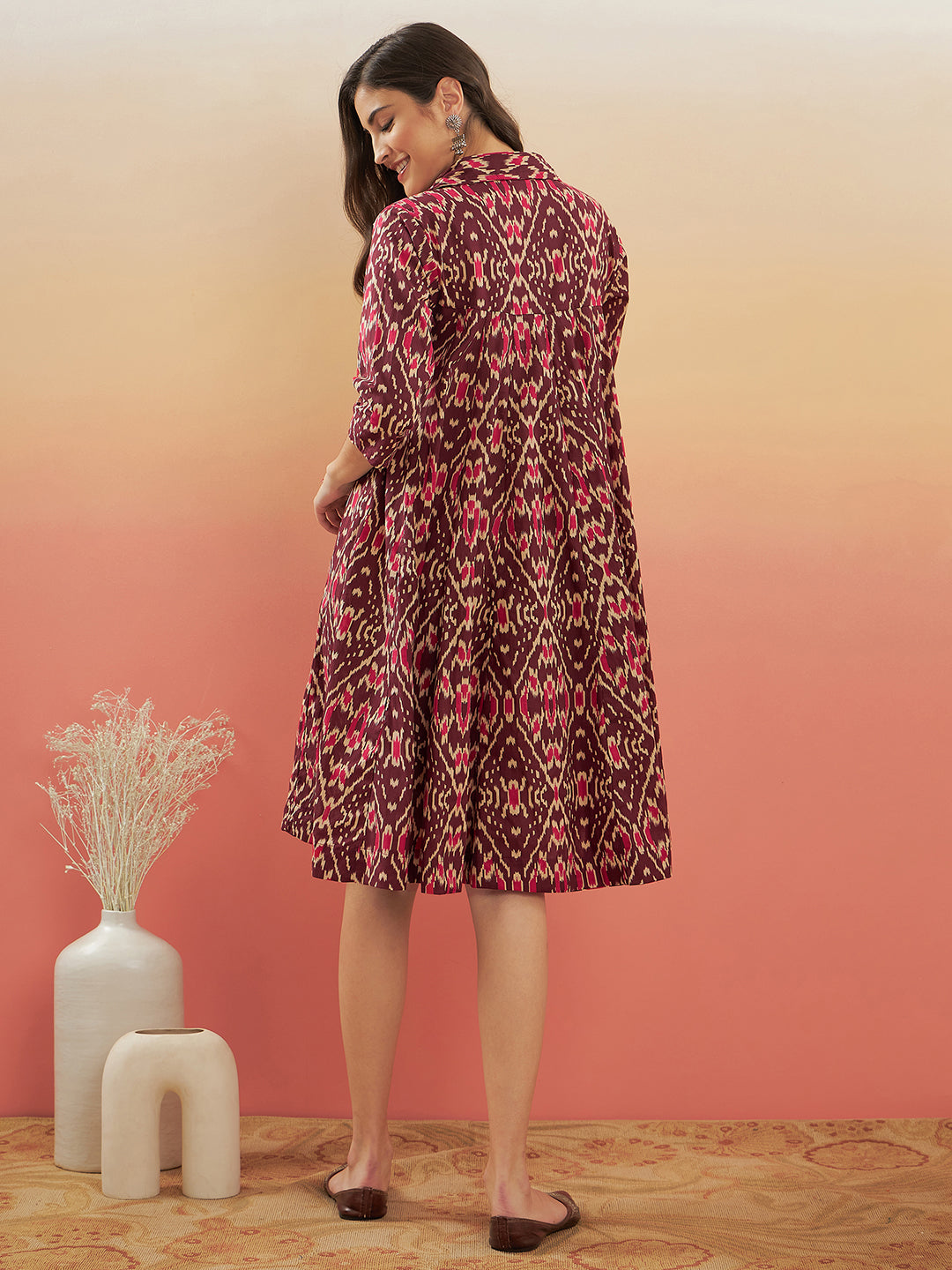 InWeave Women's Wine Ikkat Print Flared Dress | Grocsy