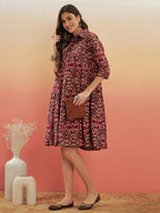 InWeave Women's Wine Ikkat Print Flared Dress | Grocsy