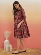 InWeave Women's Wine Ikkat Print Flared Dress | Grocsy