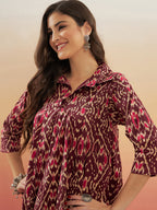 InWeave Women's Wine Ikkat Print Flared Dress | Grocsy