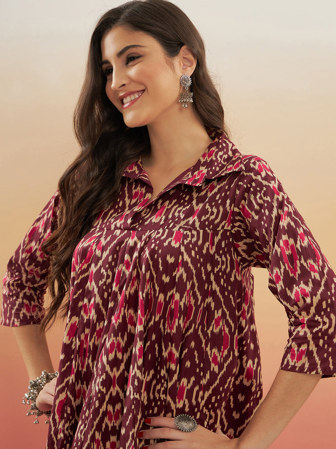 InWeave Women's Wine Ikkat Print Flared Dress | Grocsy