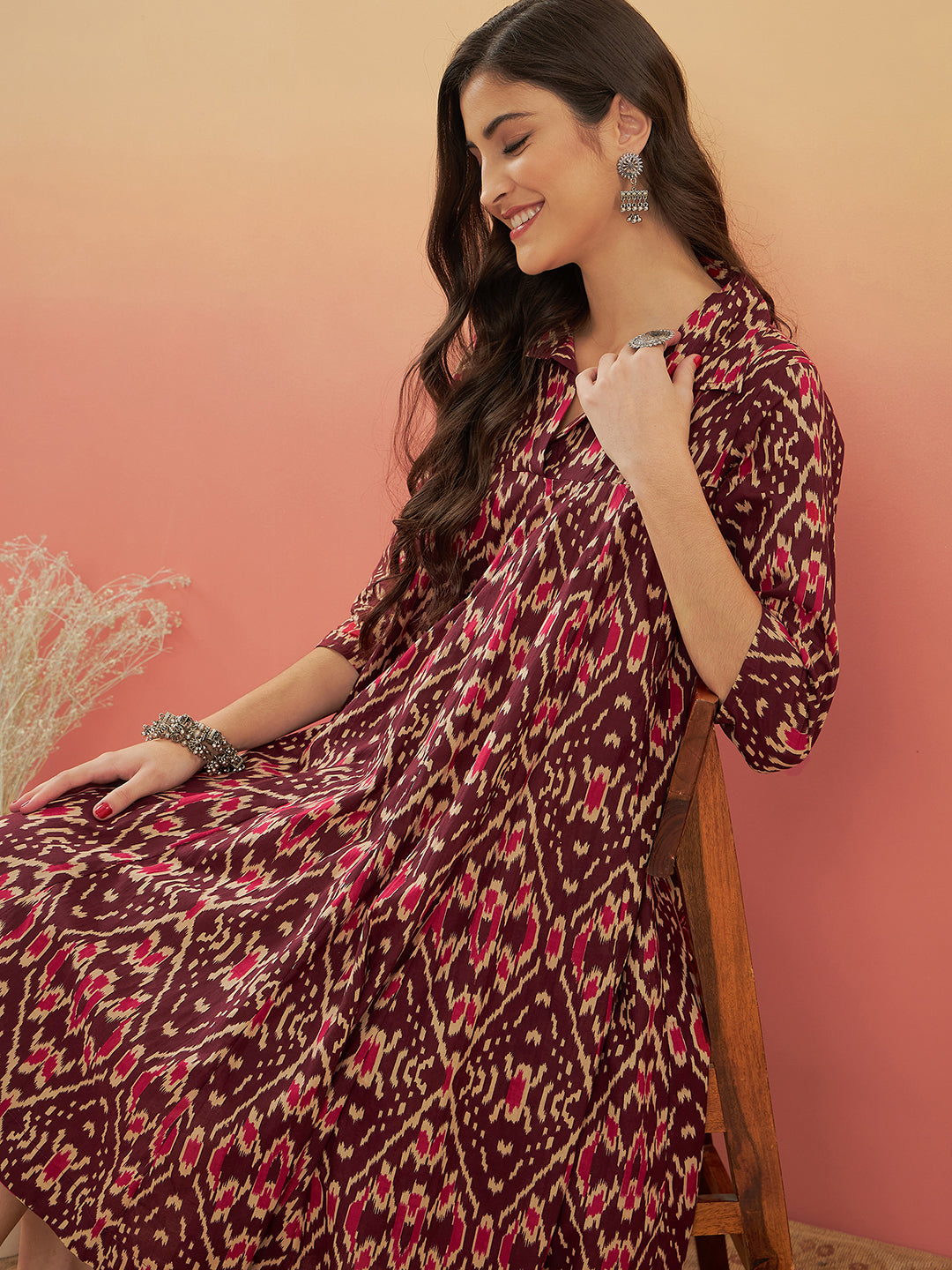 InWeave Women's Wine Ikkat Print Flared Dress | Grocsy
