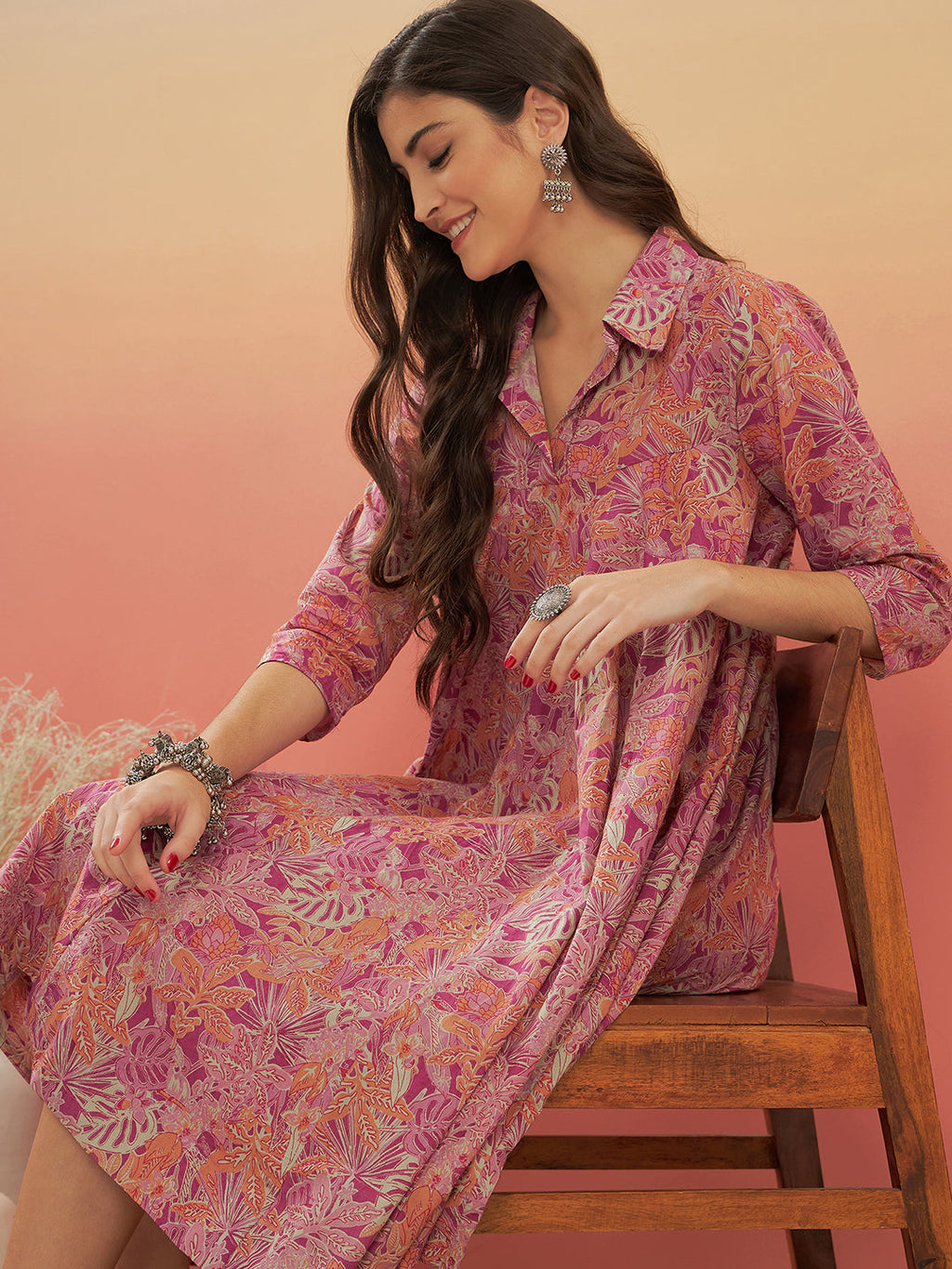 InWeave Women's Pink Coral Floral Print Flared Dress | Grocsy