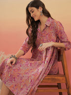 InWeave Women's Pink Coral Floral Print Flared Dress | Grocsy