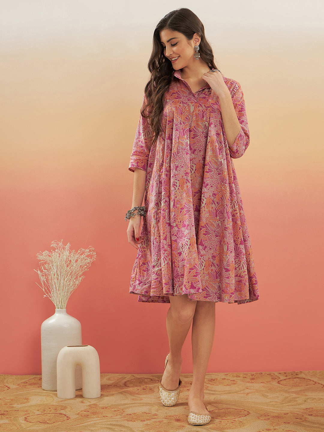 InWeave Women's Pink Coral Floral Print Flared Dress | Grocsy