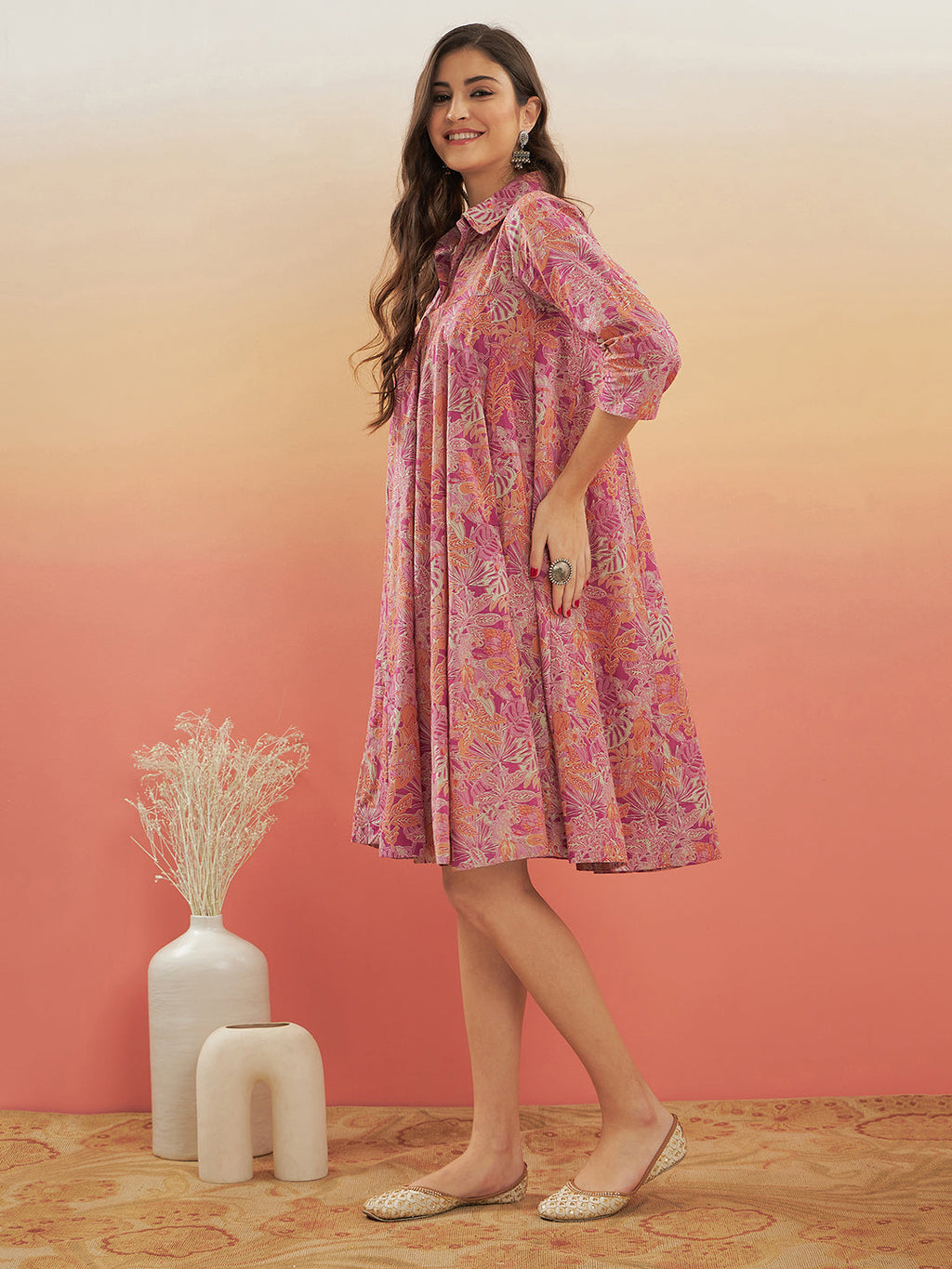 InWeave Women's Pink Coral Floral Print Flared Dress | Grocsy