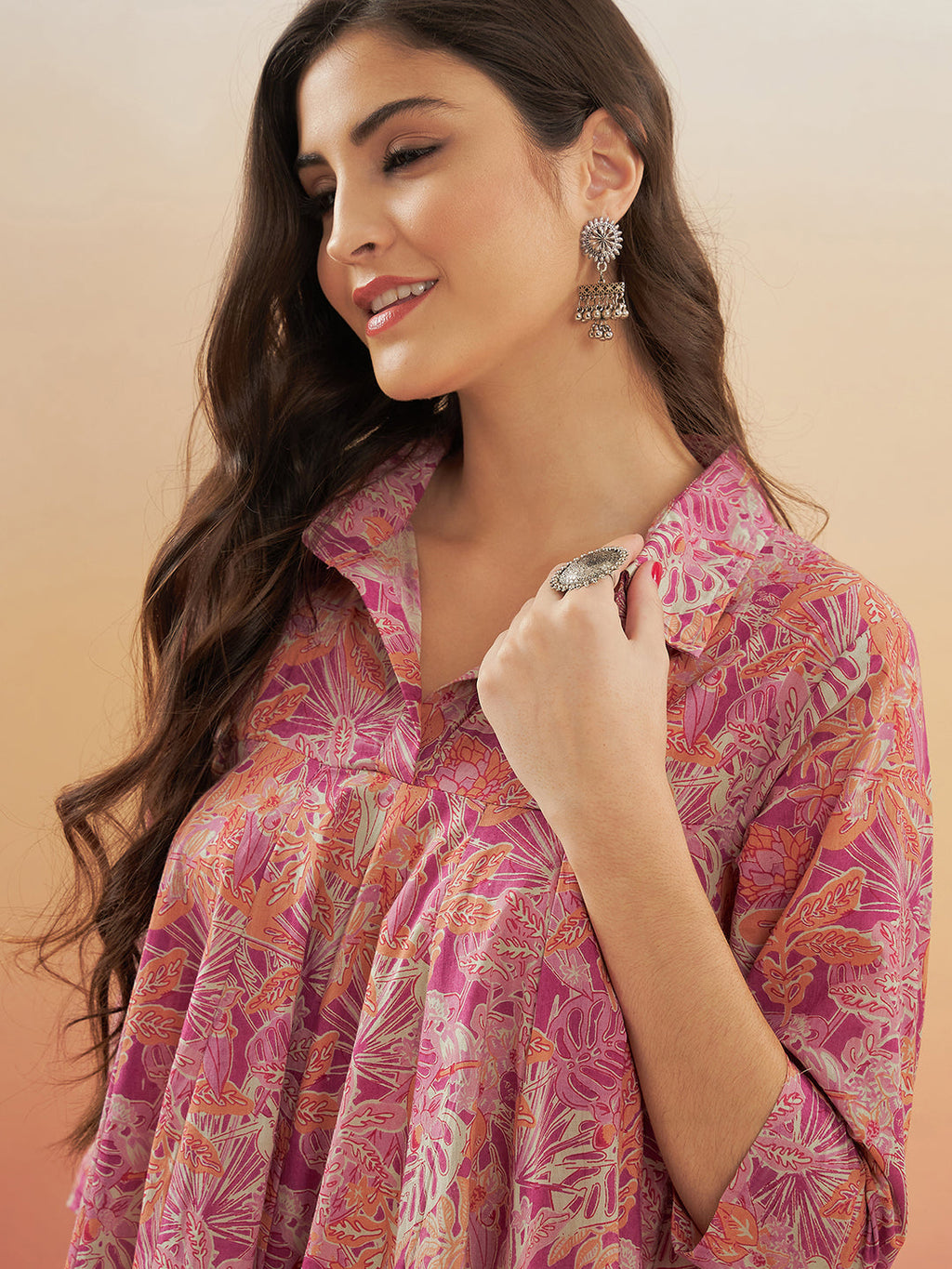 InWeave Women's Pink Coral Floral Print Flared Dress | Grocsy