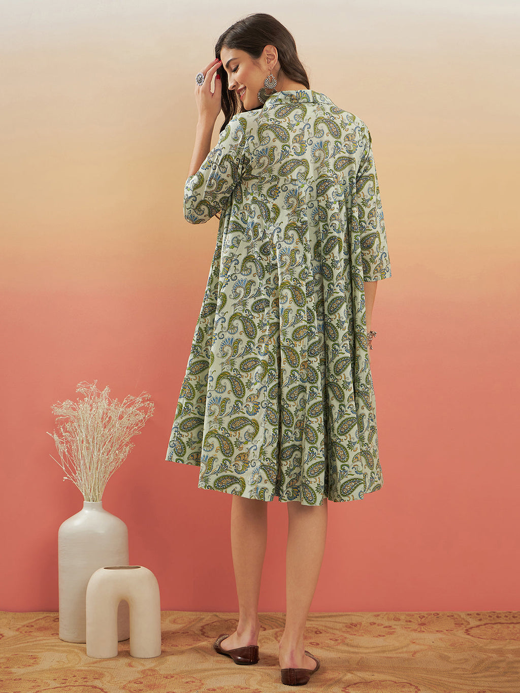 InWeave Women's Sage Green Paisley Print Flared Dress | Grocsy