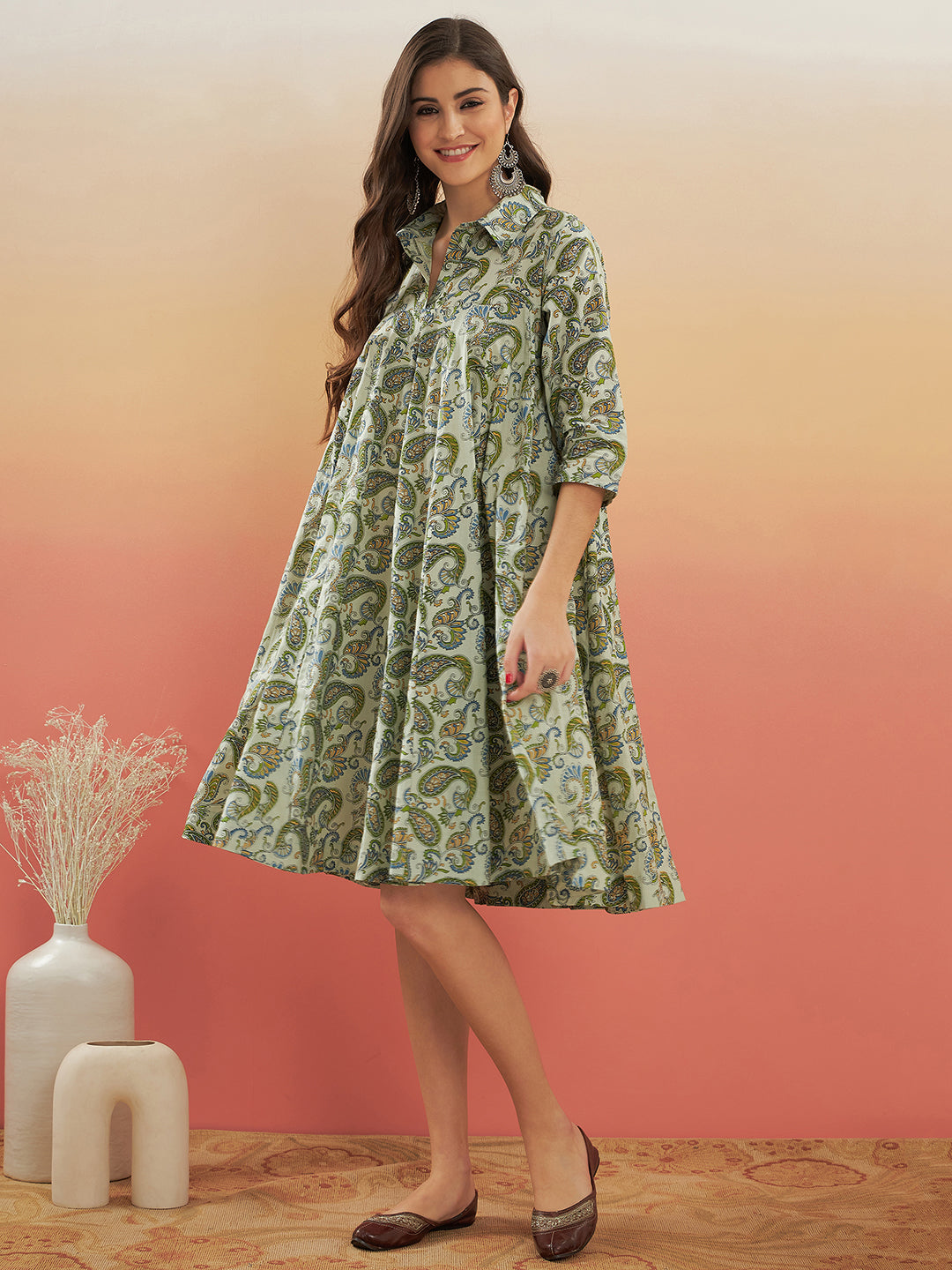 InWeave Women's Sage Green Paisley Print Flared Dress | Grocsy