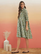 InWeave Women's Sage Green Paisley Print Flared Dress | Grocsy
