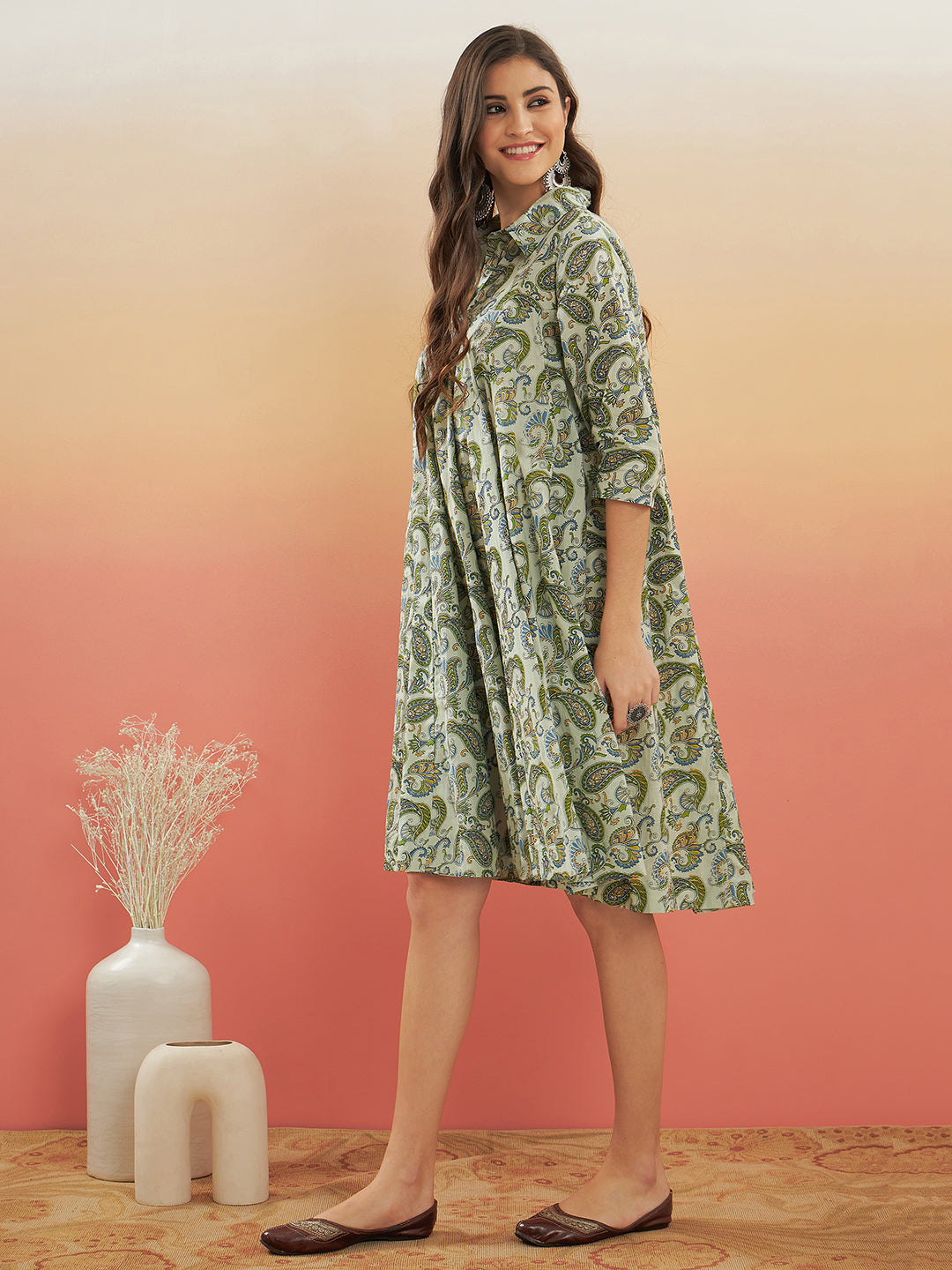 InWeave Women's Sage Green Paisley Print Flared Dress | Grocsy