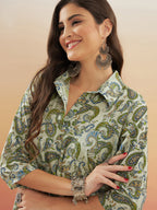 InWeave Women's Sage Green Paisley Print Flared Dress | Grocsy