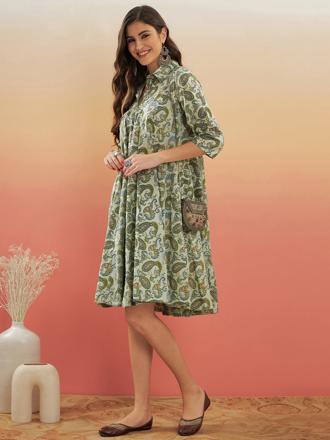 InWeave Women's Sage Green Paisley Print Flared Dress | Grocsy
