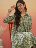 InWeave Women's Sage Green Paisley Print Flared Dress | Grocsy