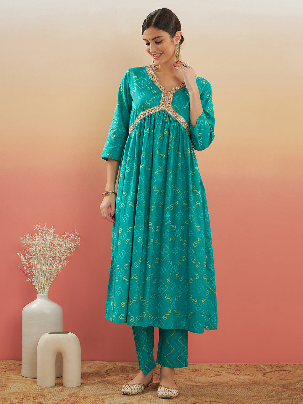 InWeave Women's Aqua S Print Alia Cut Gota Work Kurta Set | Grocsy