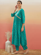 InWeave Women's Aqua S Print Alia Cut Gota Work Kurta Set | Grocsy