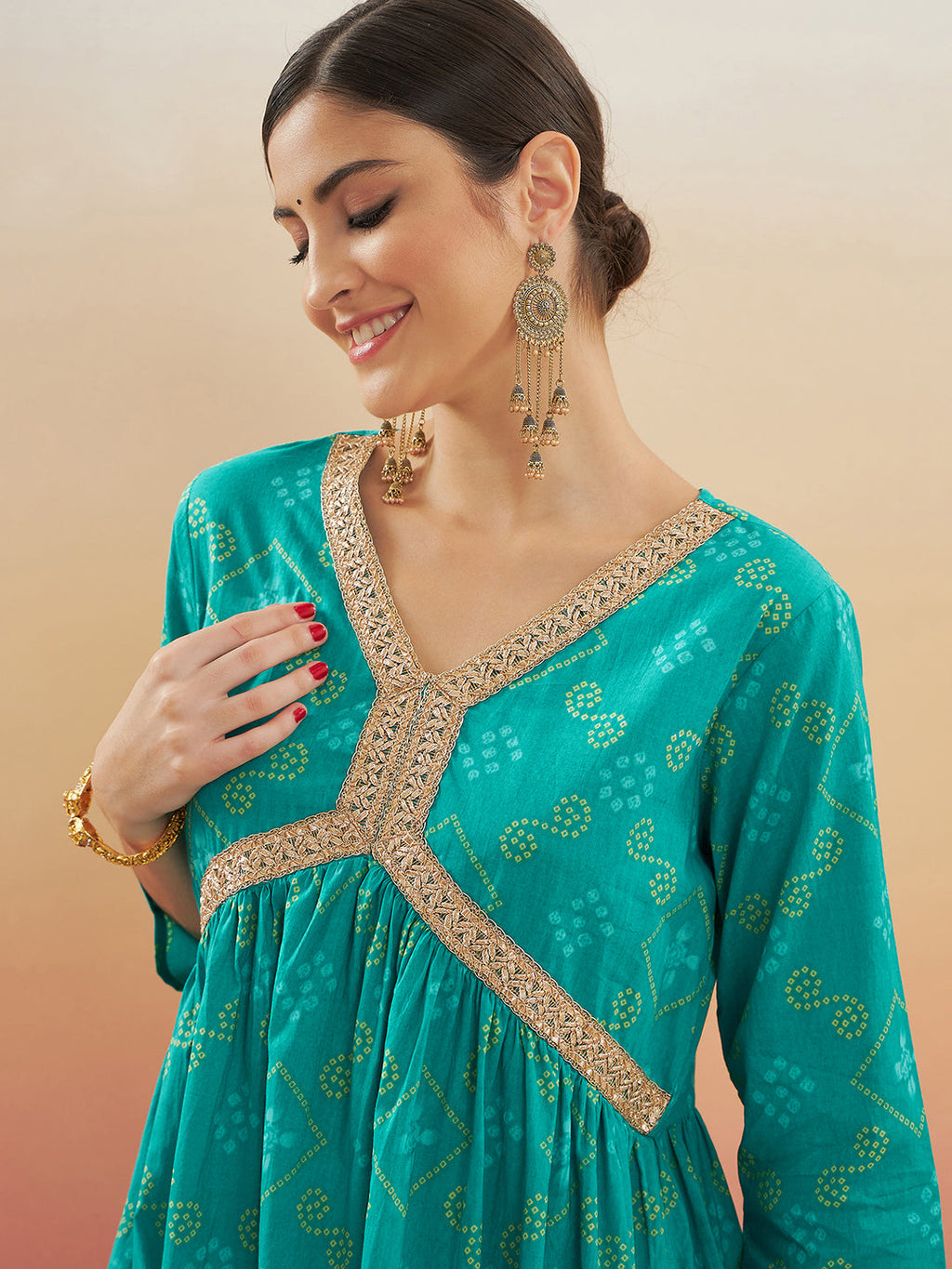 InWeave Women's Aqua S Print Alia Cut Gota Work Kurta Set | Grocsy
