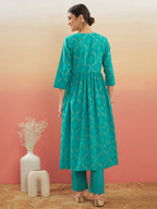 InWeave Women's Aqua S Print Alia Cut Gota Work Kurta Set | Grocsy