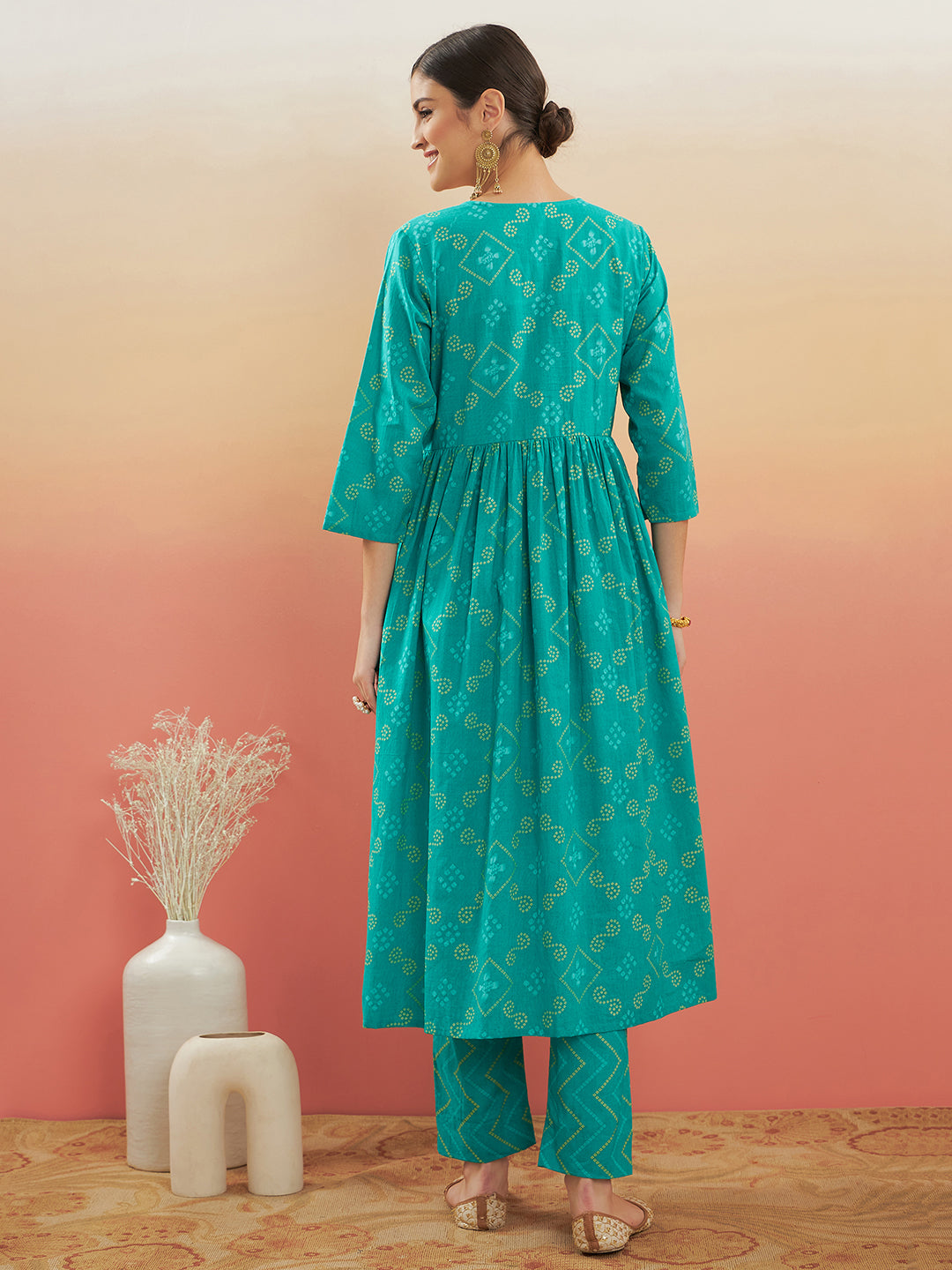 InWeave Women's Aqua S Print Alia Cut Gota Work Kurta Set | Grocsy