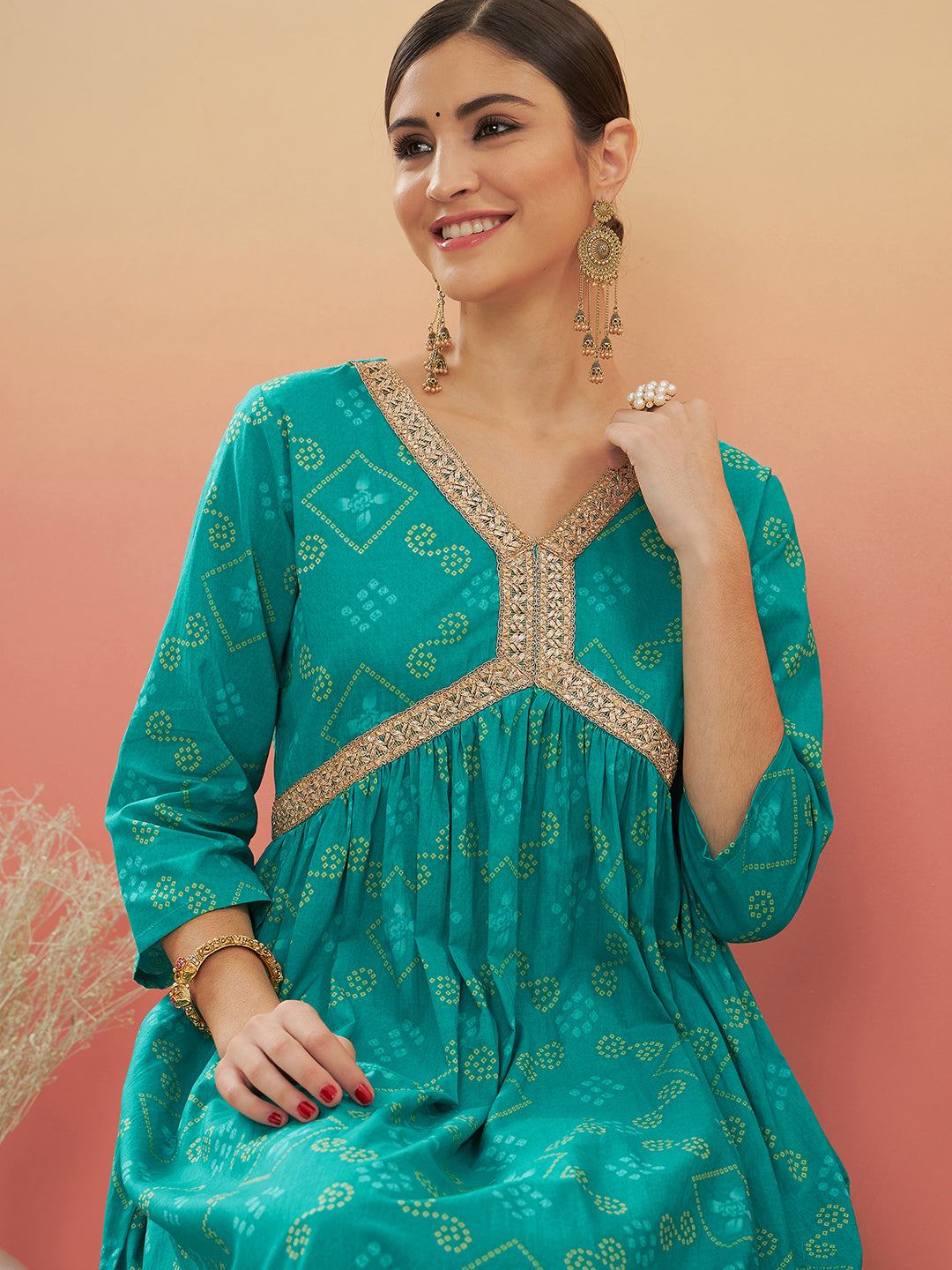InWeave Women's Aqua S Print Alia Cut Gota Work Kurta Set | Grocsy
