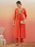 InWeave Women's Orange S Print Alia Cut Gota Work Kurta Set | Grocsy