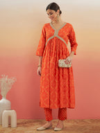 InWeave Women's Orange S Print Alia Cut Gota Work Kurta Set | Grocsy