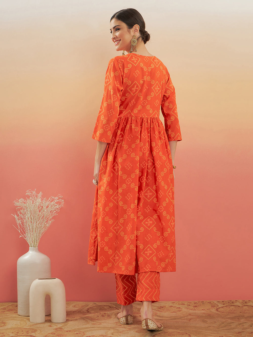 InWeave Women's Orange S Print Alia Cut Gota Work Kurta Set | Grocsy