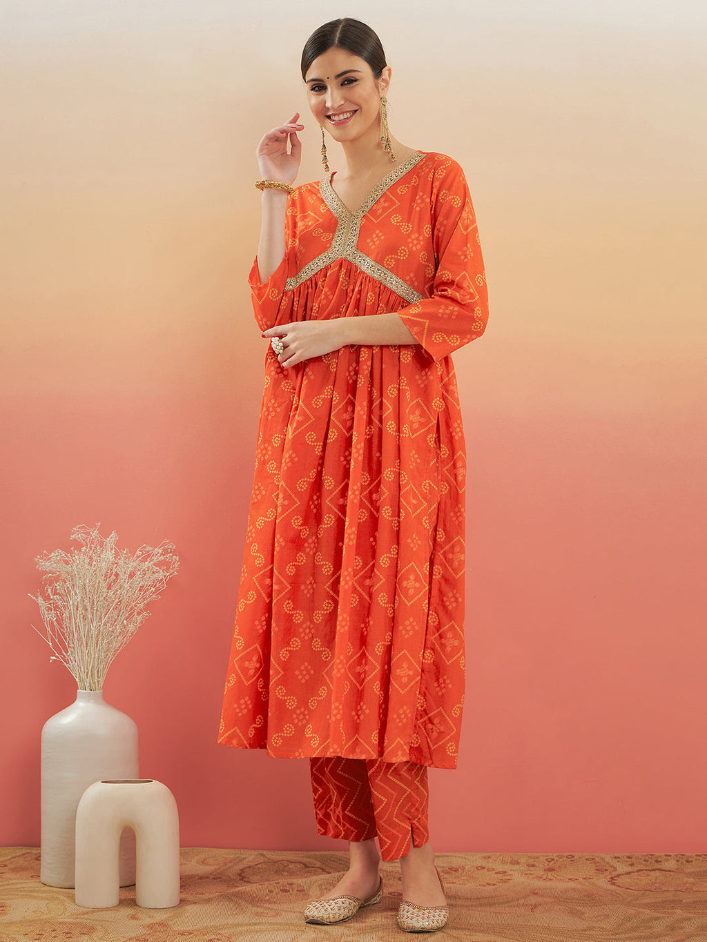 InWeave Women's Orange S Print Alia Cut Gota Work Kurta Set | Grocsy