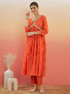 InWeave Women's Orange S Print Alia Cut Gota Work Kurta Set | Grocsy