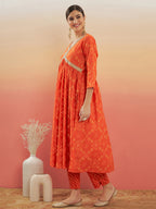 InWeave Women's Orange S Print Alia Cut Gota Work Kurta Set | Grocsy