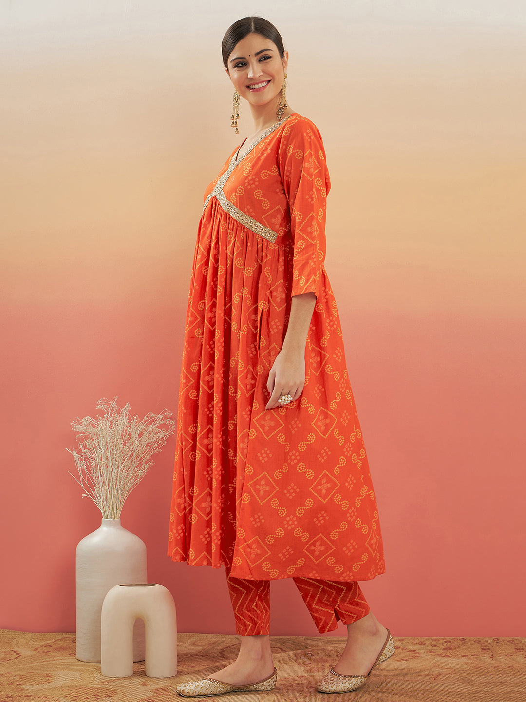 InWeave Women's Orange S Print Alia Cut Gota Work Kurta Set | Grocsy