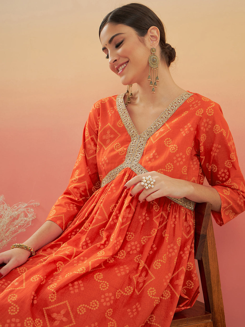 InWeave Women's Orange S Print Alia Cut Gota Work Kurta Set | Grocsy