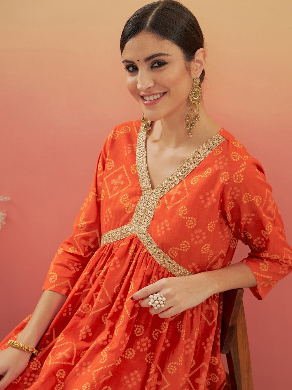 InWeave Women's Orange S Print Alia Cut Gota Work Kurta Set | Grocsy