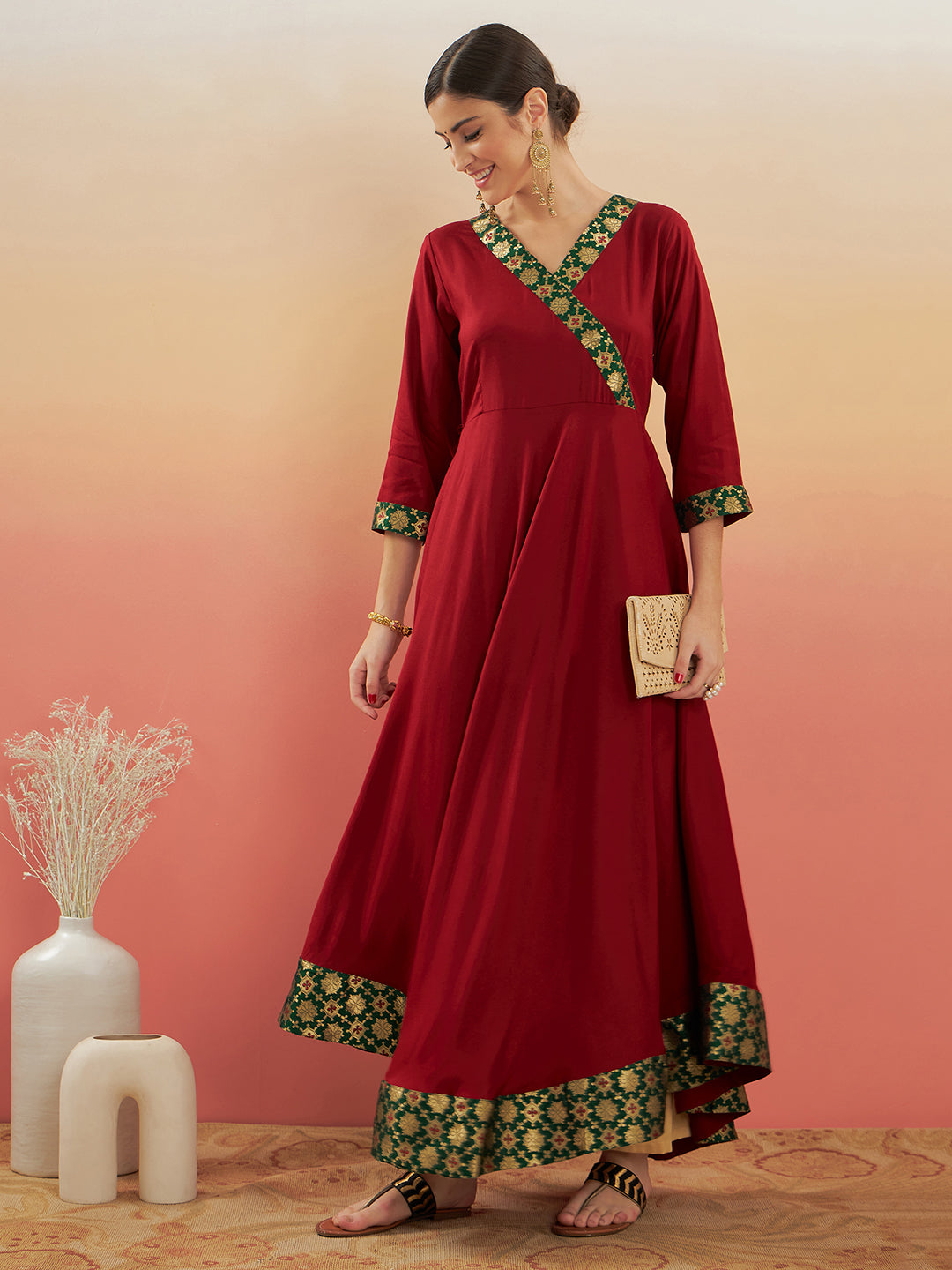 InWeave Women's Maroon Green Border Anarkali Kurta | Grocsy